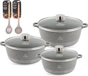 LIFE SMILE Pots Set 8 pieces - Kitchen Cookware set, Granite Non Stick Coating, Die Cast aluminum 100% PFOA FREE include Casseroles & Silicone Utensils (Grey (24/28/32CM))