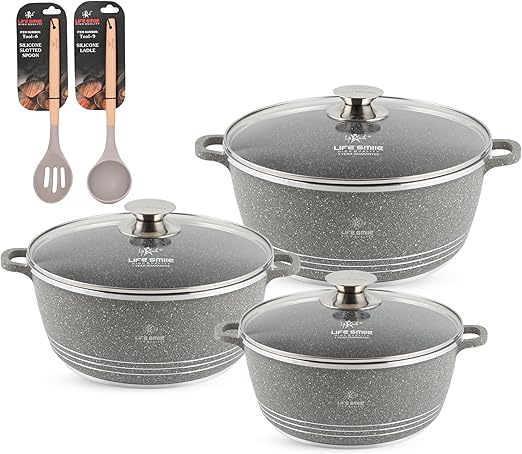 LIFE SMILE Pots Set 8 pieces - Kitchen Cookware set, Granite Non Stick Coating, Die Cast aluminum 100% PFOA FREE include Casseroles & Silicone Utensils (Grey (24/28/32CM))