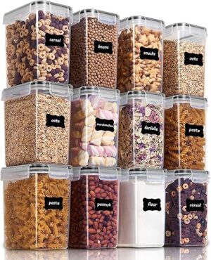Vtopmart Airtight Food Storage Containers 12 Pieces 1.5qt / 1.6L- Plastic BPA Free Kitchen Pantry Storage Containers for Sugar, Flour and Baking Supplies - Dishwasher Safe - Include 24 Labels, Black