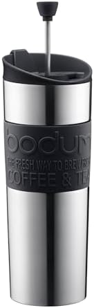 Bodum Travel Press, Stainless Steel Travel Coffee and Tea Press, 15 Ounce, .45 Liter, Black,1 Count (Pack of 1)