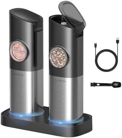 Ultrean Gravity Electric Salt and Pepper Grinder Set, USB Rechargeable With Dual Charging Base, Adjustable Fineness, Stainless Steel Construction, One Handed Operation, Auto Dust Lids, LED Light