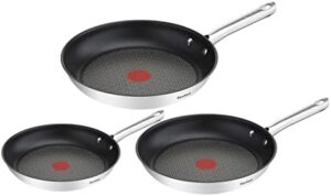 Tefal A704S3 Duetto 3-Piece Frying Pan Set | 20, 24 and 28 cm | Non-Stick Coating | Built-in Temperature Indicator | Suitable for All Hob Types Including Induction | Stainless Steel/Black
