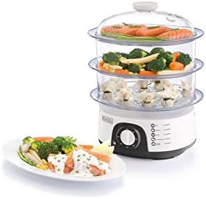 BLACK+DECKER Food Steamer,775W, 10L 3-Tier Detachable Design, Timer Control, Quick & Easy Meal Prep, Dishwasher Safe, Lightweight 1.98 Kg, 220-240V, Efficient and Compact, White - HS6000-B5