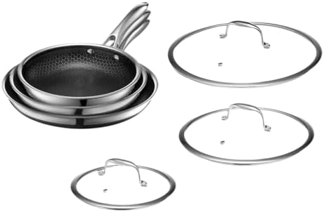 HexClad Hybrid Nonstick 6-Piece Frying Pan Set, 20, 25 and 30 cm Frying Pans with Tempered Glass Lids, Stay-Cool Handles, Dishwasher and Oven Safe, Induction Ready, Compatible with All Cooktops
