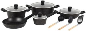 Royalford Authentic RF12677 Granite Non Stick Cooking Pots and Pans Set 12 pcs Set Aluminium Cookware Set Induction Base Cooking Set Combo Frying pan Sauce Pan Wok Pan Kitchen Utensils Glass Lid