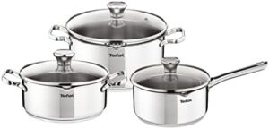 Tefal Duetto Set of 6 Saucepan 16 cm Saucepan 20/24 Clever Filter Glass Lid 10 Years Stainless Steel 18/10.3 Ply, Induction A705S634, Se Référer à la Contenance sur la Fiche Produit