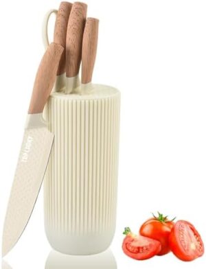 Knife Set, 6-Piece Beige Professional Kitchen Knife Set for Chef, Super Sharp Knife Set with Universal Knife Block, Anti-Rust Stainless Steel Kitchen Knife Block Set, Ergonomical Design (Beige)