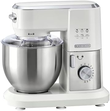 BLACK+DECKER Stand Mixer, 1000W, 6L Stainless Steel Bowl, 10 Speeds + Pulse, Planetary Action, Dough Hook, Beater, Whisk Attachments, Tilt Head, for Baking and Kneading, White - MKM100-B