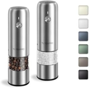 Small Electric Salt and Pepper Grinder Set, USB Rechargeable, Automatic Pepper Mill Grinder with Adjustable Coarseness, Electric Salt Shakers, One Hand Operation for Kitchen (2 Packs, Stainless Steel)