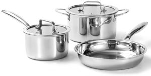 Tri-Ply Stainless Steel Cookware Set, 3 Pieces, Induction Compatible, Dishwasher Safe, 3.2L Stock Pot, 1.7L Saucepan, 26cm Frying Pan