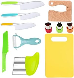 Risiculis 11 Pieces Wooden Kids Kitchen Knife, Knife Set Include Wood Serrated Edges Plastic Toddler Crinkle Cutter, Sandwich Y Peeler, Cutting Board