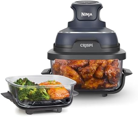 Ninja CRISPi Portable Air Fryer, 3.8L, 4-in-1: Air Fry, Roast, Keep Warm, Recrisp, Space Saving Compact Design, 6 Portions, 2x Removable Glass Containers & Lids, 1700W, Stone Gold FN101UKSTGD