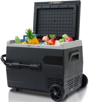 SMETA 65L Car Fridge Freezer, Mini Fridge Portable Compressor Car Refrigerator 2 Wheels, Fast Cooling 12/24V Electric Cooler for Camping, Road Trip, RV, Outdoor, Travel, Picnic, Down to -20℃, Black