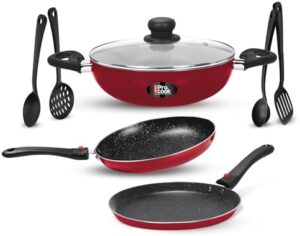Milton Pro Cook Kitchen Jewel Plus Granito Induction 7pc Set (Fry pan 24cm/1.6 LTR; Kadhai 24cm/2.5 LTR with Glass Lid; Tawa 25cm; 2 Each Nylon Laddle & Spatula), Maroon Metallic, Dishwasher Safe