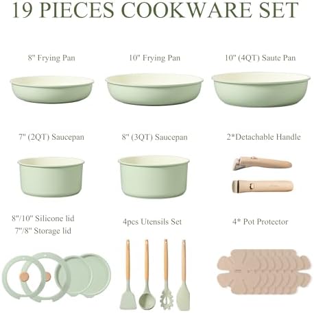 CAROTE Pots and Pans Set, Nonstick Cookware Set Detachable Handle, 15pcs Induction Kitchen Cookware Sets Non Stick with Removable Handle, RV Cookware Set, Oven Safe, Sage Green