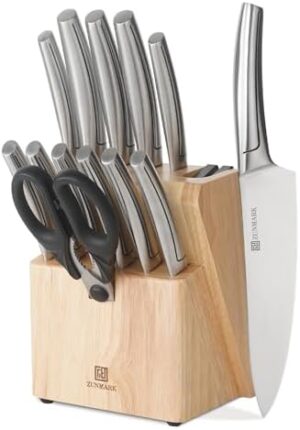 Kitchen Knife Set, Professional 13 Piece Knife Set with Block and Sharpener, Sharp Chef Knife Set, Ideal for Home and Restaurants, Silver