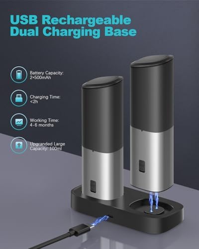 Ultrean Gravity Electric Salt and Pepper Grinder Set, USB Rechargeable With Dual Charging Base, Adjustable Fineness, Stainless Steel Construction, One Handed Operation, Auto Dust Lids, LED Light