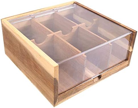 HTB Acacia Wood Tea Bag Organizer Storage, 6 Compartments Tea Chest Box with Acrylic Transparent Hinged Lid