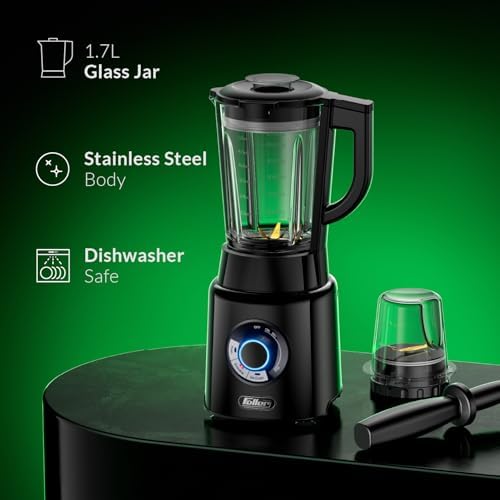 Feller Germany, 1200W Blender + Grinder Mill, 1.7L Glass Jar, Ice Crush/Smoothie/Pulse Modes, Variable Speed, 6-Fin Blade, Safety Lock, 2Y Guarantee BLG1200 UAE Stainless Steel (Black)