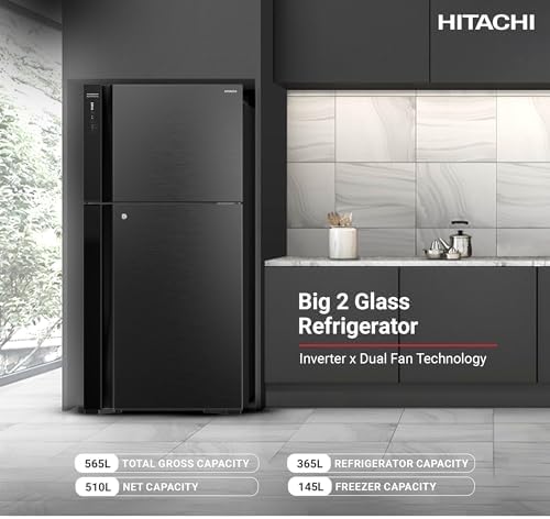 Hitachi 710L Gross, Net 510L, Top Mount Double Door Refrigerator, No Frost Fridge, Freezer, Inverter Control With Dual Fan Cooling, Touch Screen Control, Movable Twist Ice Tray, Black-RV710PUK7KBBK