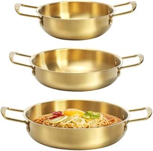 Okllen Set of 3 Korean Ramen Noodle Pot with Handles, Stainless Steel Everyday Pan, Golden Korean Cooking Pot for Soup, Noodle, Pasta, Home and Outdoor, Dishwasher Safe, Size 7", 8.7", 9.5"