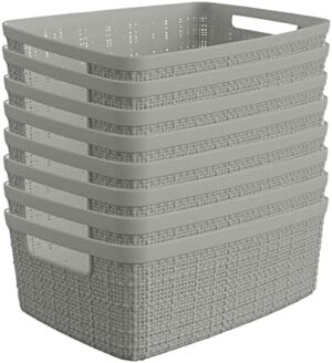 Curver Set of 8 Jute Small Decorative Plastic Organization and Storage Basket Perfect Bins for Home Office, Closet Shelves, Kitchen Pantry and All Bedroom Essentials, Grey, 8