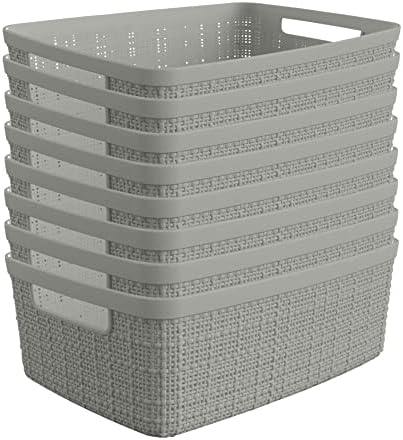 Curver Set of 8 Jute Small Decorative Plastic Organization and Storage Basket Perfect Bins for Home Office, Closet Shelves, Kitchen Pantry and All Bedroom Essentials, Grey, 8