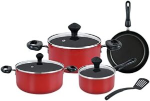 Prestige 8 Piece Non-Stick Cast Aluminium Cookware sets | Induction Base | Non Stick Aluminium | Casserole | Milk Pan | Fry Pan - Red