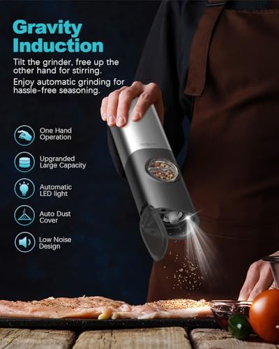 Ultrean Gravity Electric Salt and Pepper Grinder Set, USB Rechargeable With Dual Charging Base, Adjustable Fineness, Stainless Steel Construction, One Handed Operation, Auto Dust Lids, LED Light