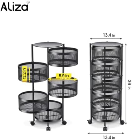 ALIZA Storage Trolley - 5 Tier Kitchen Storage Shelf Round Steel Basket - Multilayer Rotating Storage Trolley with 4 Movable Wheels for Fruits & Vegetable - Perfect Kitchen Storage