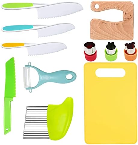 KASTWAVE Wooden Kids Kitchen Knife, Kids Knife Set Include Wood Kids Safe Knife, Serrated Edges Plastic Toddler Knife, Crinkle Cutter, Sandwich Cutter, Y Peeler, Cutting Board (Crocodile, 11 Pieces)