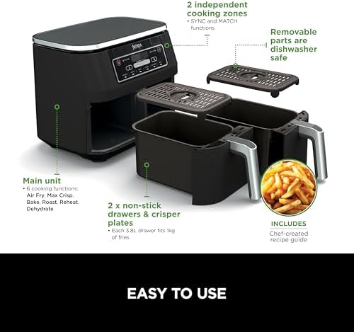 Ninja Foodi Dual Zone Digital Air Fryer, 2 Drawers, 7.6L, 6-in-1, Air Fry, Max Crisp, Roast, Bake, Dehydrate, Cooks 4-6 Portions, Non-Stick, Dishwasher Safe Baskets, Black, AF300ME, 2 Years Warranty