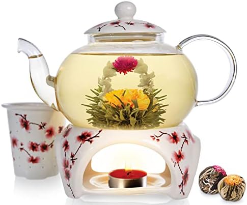 Teabloom Cherry Blossom Teapot & Flowering Tea Gift Set (6 Pieces) - Stovetop Safe Glass Teapot (27 oz / 800 ml), Porcelain Lid, Teapot Warmer, Porcelain Loose Tea Infuser + 2 Gourmet Flowering Teas