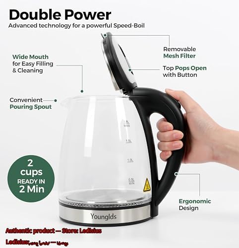 Electric Kettle1.8L Transparent Glass Kettle Stainless Steel Tea Kettle 1500W Fast Boiling Water Heater,BPA-Free Hot Water Boiler with Auto Shut-Off,Easy to Clean,LED Indicator,Perfect for Home,Office