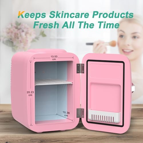 CROWNFUL Mini Fridge, 4 Liter/6 Can Portable Cooler and Warmer Personal Refrigerator for Skin Care, Cosmetics, Beverage, Food,Great for Bedroom, Office, Car, Dorm, ETL Listed (Pink)