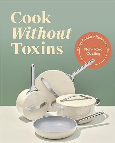 Caraway Nonstick Ceramic Cookware Set (12 Piece) Pots, Pans, Lids and Kitchen Storage - Non Toxic, PTFE & PFOA Free - Oven Safe & Compatible with All Stovetops (Gas, Electric & Induction) - Cream