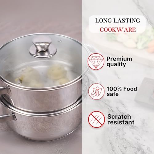 Vinod Stainless Steel 2-Tier Steamer – 20cm | Vegetable, Momo Steamer with Glass Lid, Sturdy Handle, Induction & Gas Friendly – Perfect for Couscous, Dumplings & Rice Dishes