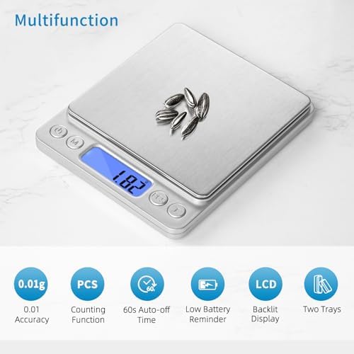 toprime Digital Kitchen Scale, Mini/Pocket Scale, 500g 0.01g High Precision Gram Micro Food Jewelry Scale with Platform, LCD Display, Tare and PCS Features