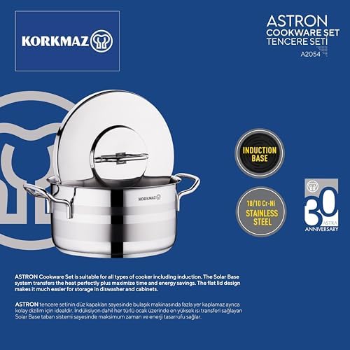 Korkmaz Astron 7 Pcs Cookware Set | Stainless Steel Pots and Pans Set | Inductions Compatible Cooking Set | Silver - KA2054