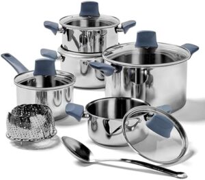 Tefal Essentials Stainless Steel Cookware Set 12 Piece Induction Compatible Silver/Blue
