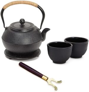 Juvale Cast Iron Teapot, Japanese Tetsubin Kettle Set with 2 Cups, Tea Infuser (1200 ml, Black)