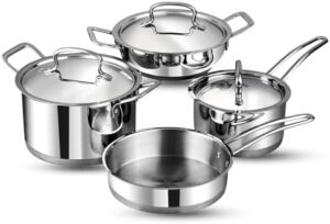 Vinod Classic Deluxe Stainless Steel Cookware Combo Set, 7Pcs |Saucepan(16cm/2.1 Litre)with Lid, Saucepot(20 cm/3.8 L), Kadai with Lid(20cm/1.8 L) & Frypan(20cm)|SAS Bottom|Induction&GasStoveFriendly