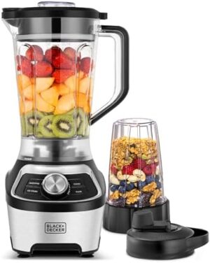 BLACK+DECKER High-Speed Blender, 1200W Motor, 1.85L BPA-Free Jar, 500ml Travel Cup, 20,000 RPM, 6-Blade, Stainless Steel, Smoothie & Ice Crush Presets, Variable Speed, Black/Silver - BXH1200-B5