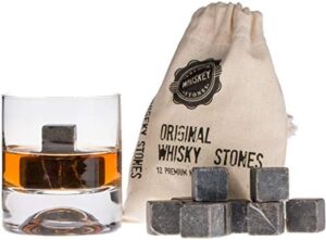 Premium Whiskey Stones Set with 12 Pcs Stones and Bag. Whiskey, Bourbon, Cognac, Scotch,Gin, Wine Beverage. Marble Reusable Ice Cubes. Birthday for Whiskey Lovers.… (Dark Grey)