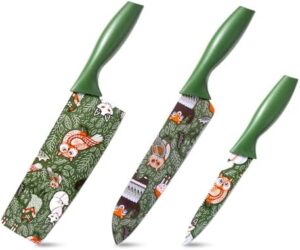 TJ POP Kitchen Knife Set 3-Piece, Non-Stick Stainless Steel Chef’s Knife Set, Food Grade Color Printing Cute Animals Pattern Knives Set, Professional Sharp Knives for Kitchen and Outdoor (Green)