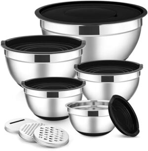 E-far Stainless Steel Mixing Bowls with Lids Set, 5-Piece Nesting Salad Bowls with 3 Grater Attachments, Airtight Lid & Non-slip Bottom, Size 4.6, 2.6, 2, 1.5, 1 QT for Kitchen (Black)
