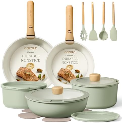 CAROTE Pots and Pans Set, Nonstick Cookware Set Detachable Handle, 15pcs Induction Kitchen Cookware Sets Non Stick with Removable Handle, RV Cookware Set, Oven Safe, Sage Green