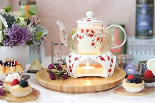 Teabloom Cherry Blossom Teapot & Flowering Tea Gift Set (6 Pieces) - Stovetop Safe Glass Teapot (27 oz / 800 ml), Porcelain Lid, Teapot Warmer, Porcelain Loose Tea Infuser + 2 Gourmet Flowering Teas