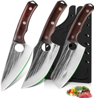 3PCS Kitchen Knife Set, Hand Forged Chef Knife Set with Wood Handle & Knife Cover, High Carbon Steel Butcher Knife Set for Meat Cutting Cleaver Knife Set for Vegetables Camping BBQ Gifts