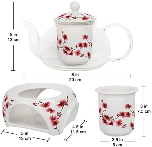 Teabloom Cherry Blossom Teapot & Flowering Tea Gift Set (6 Pieces) - Stovetop Safe Glass Teapot (27 oz / 800 ml), Porcelain Lid, Teapot Warmer, Porcelain Loose Tea Infuser + 2 Gourmet Flowering Teas